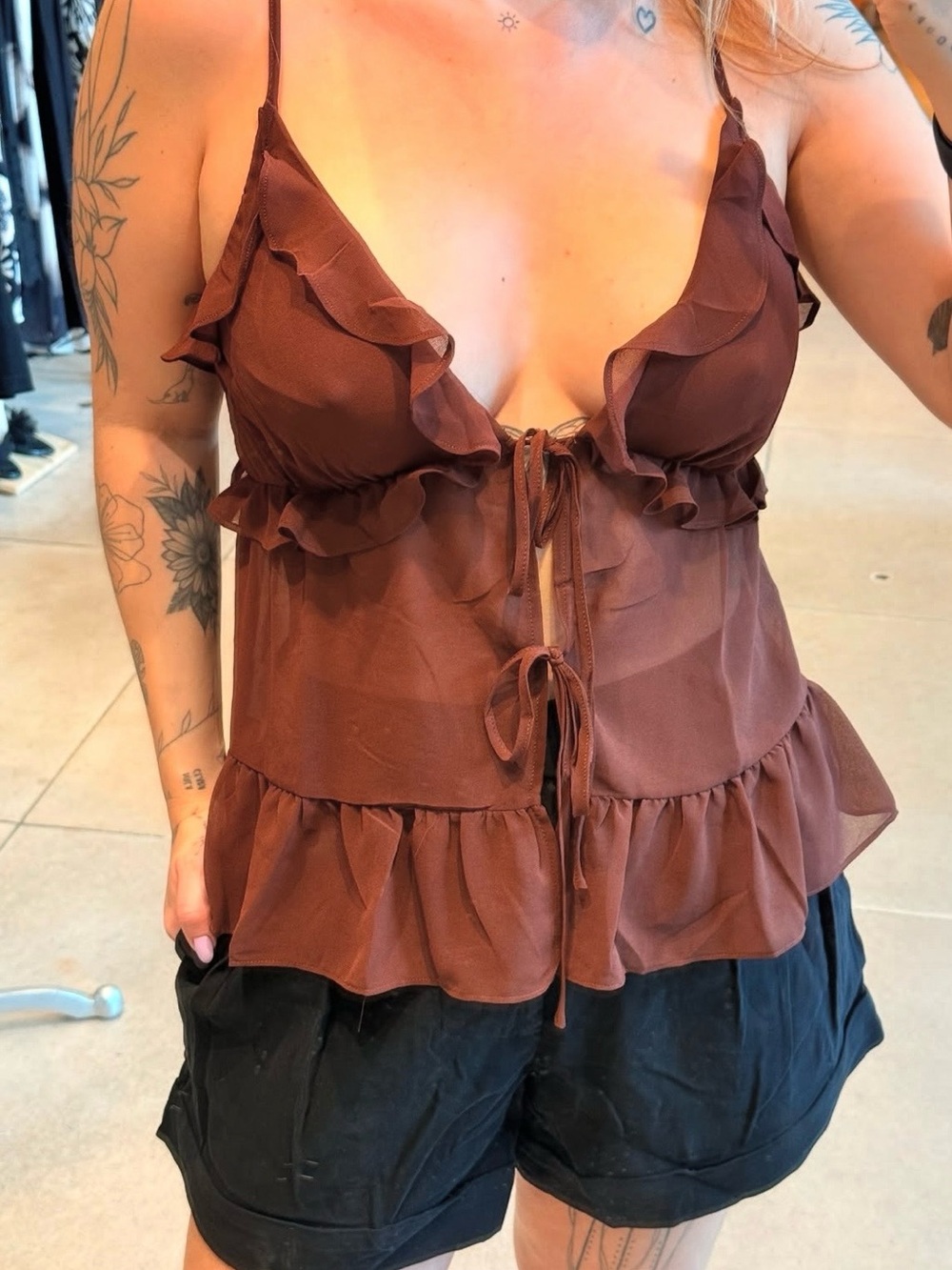 FARM Rio Brown Ruffle Tie-Front Top – Size M NWT